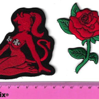 Iron on patch set/biker girl & red rose